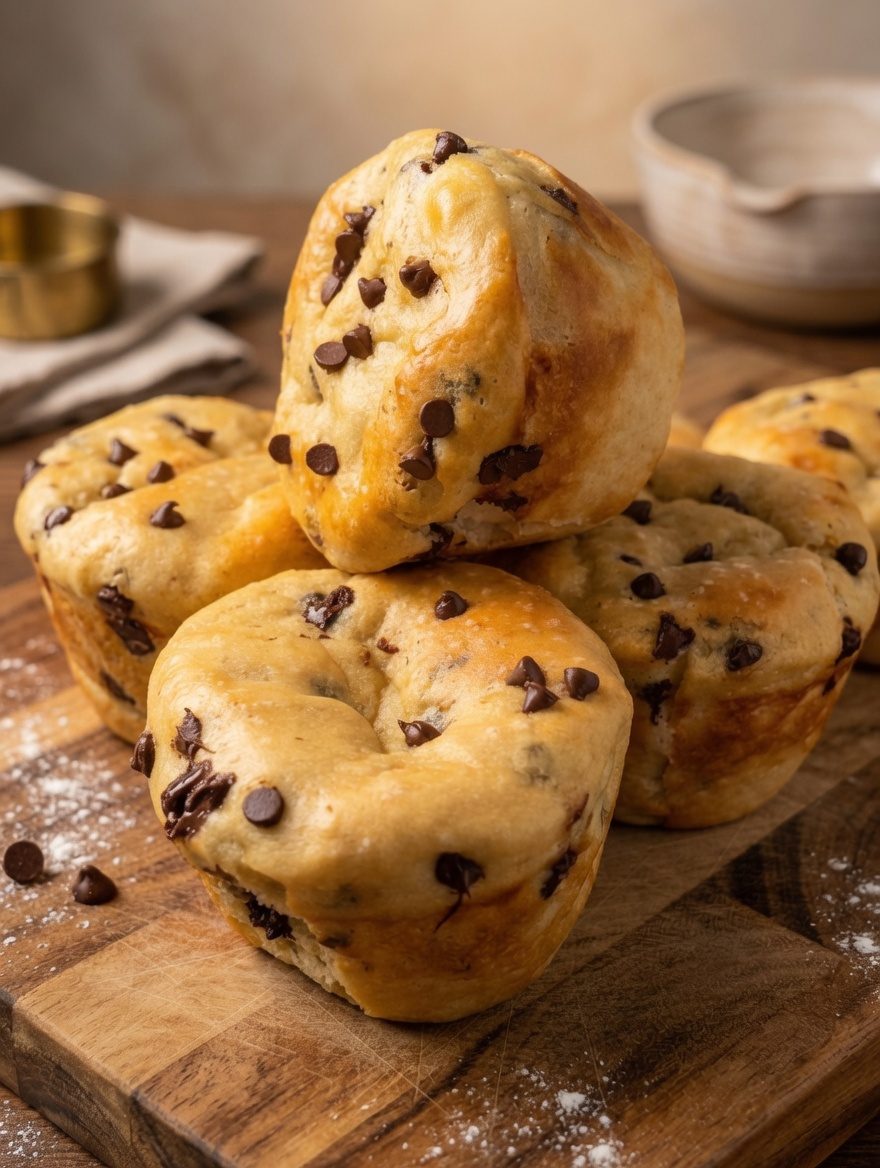 Stack of golden chocolate chip protein muffins on a wooden board